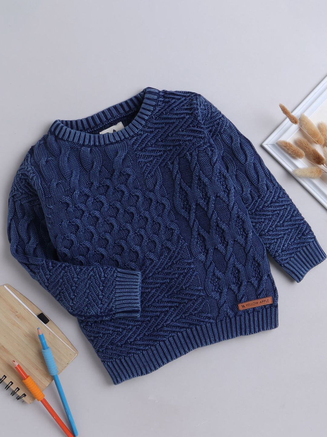 

Yellow Apple Boys Cable Knit Woollen Full Sleeve Sweater Vest with Inner Fleece, Blue