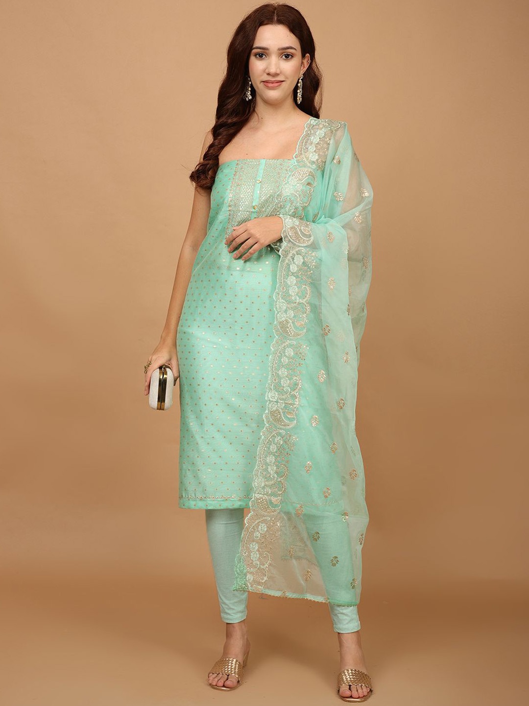 

Meena Bazaar Geometric Woven Design Unstitched Dress Material, Sea green