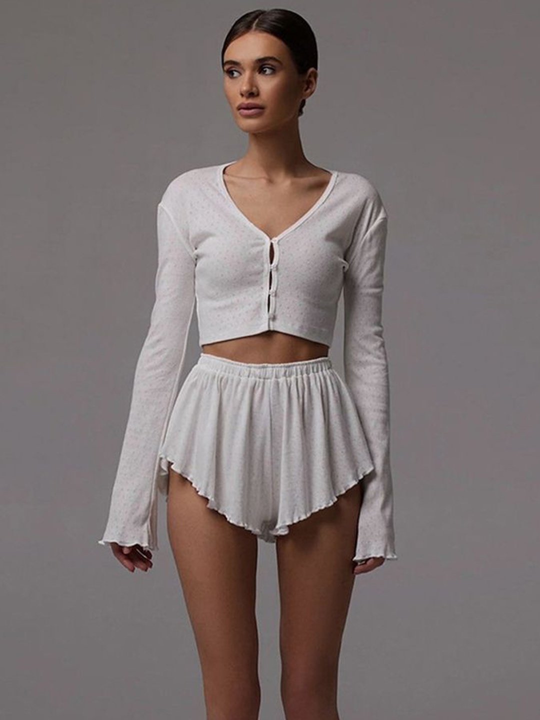 

LULU & SKY Women Long Sleeves V Neck Crop Top With Shorts Night suit, White