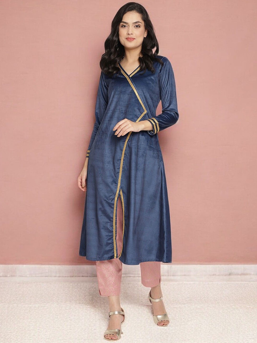 

Ahalyaa Navy Blue V-Neck Angrakha Velvet A-Line Kurta with Trousers