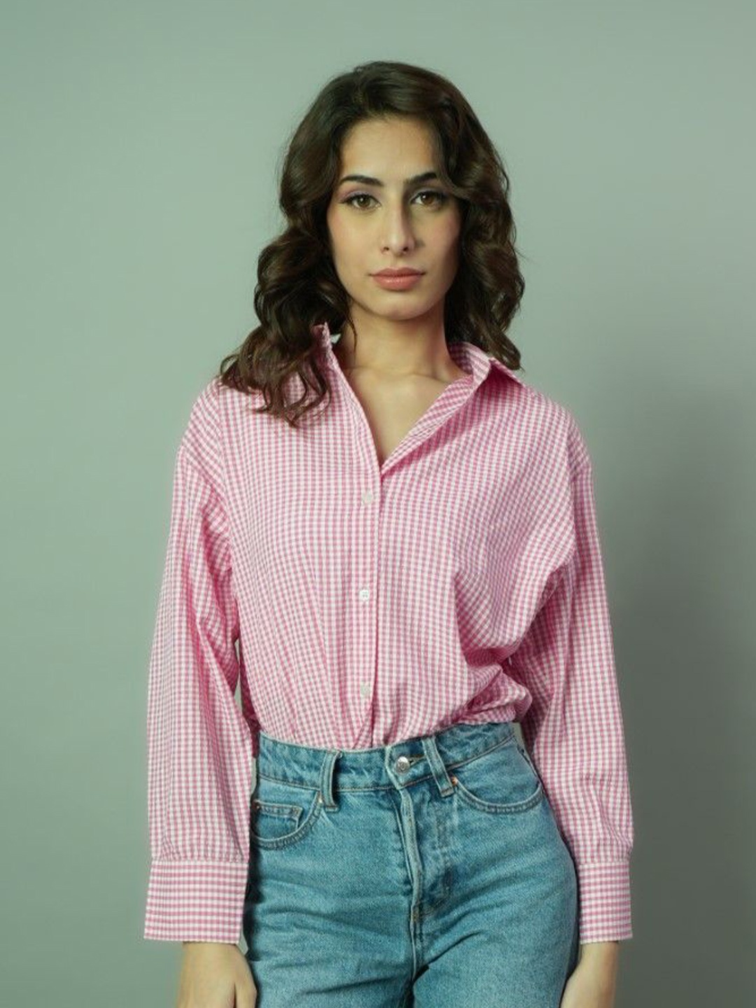 

DLOB Women Spread Collar Vertical Striped Cotton Casual Shirt, Pink