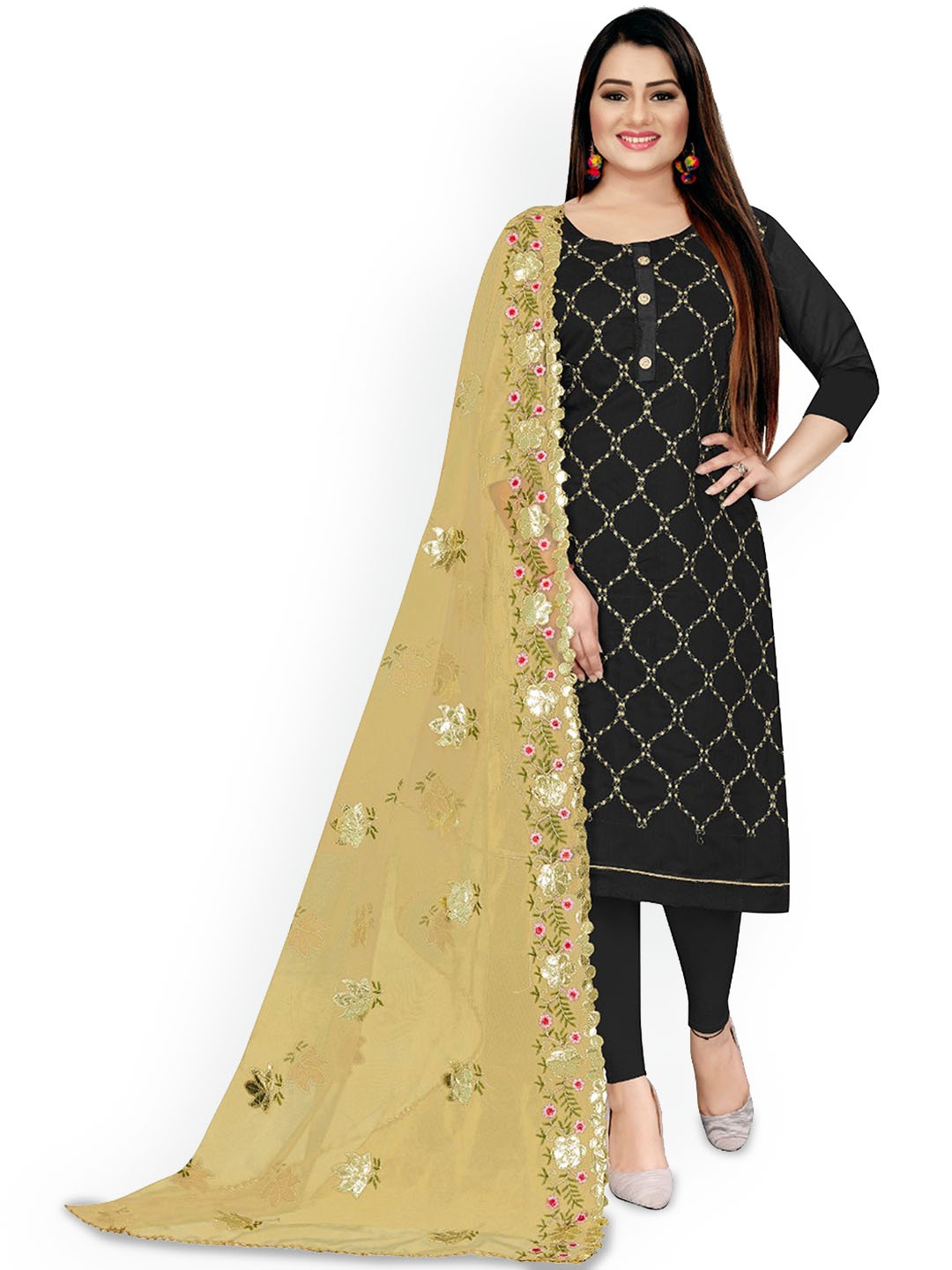 

Maroosh Geometric Embroidered Thread Work Unstitched Dress Material, Black