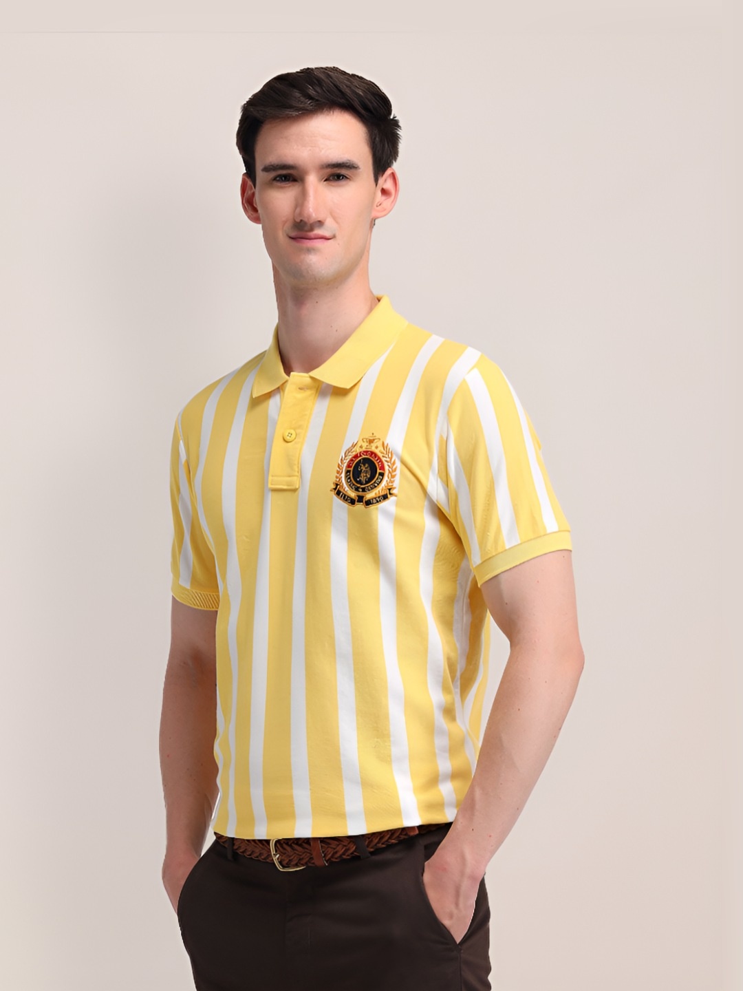 

U.S. Polo Assn. Men Striped Polo Collar Cotton Slim Fit T-shirt, Yellow