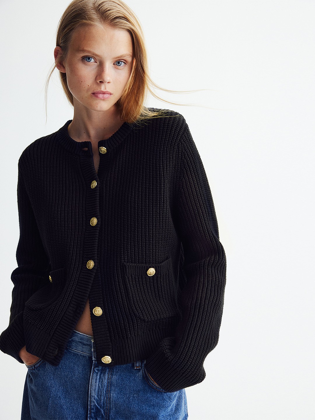 

H&M Women Solid Rib-Knit Cardigan, Navy blue