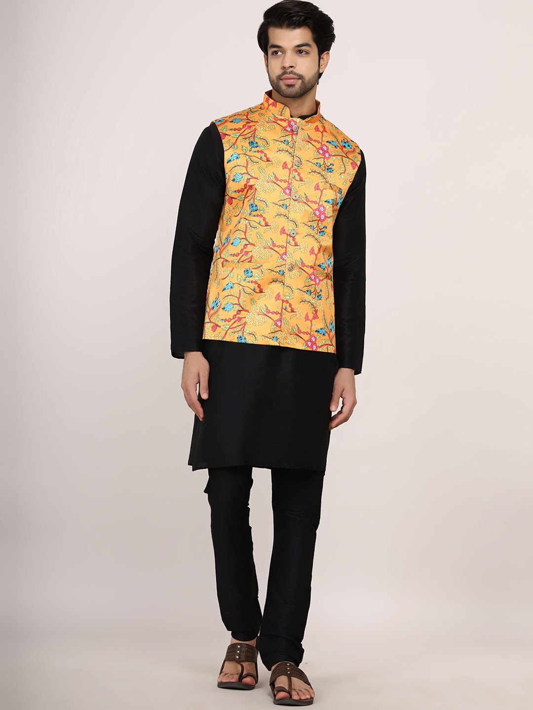 

Sadree Mandarin Collar Long Sleeves Straight Kurta with Churidar & Nehru jacket, Black