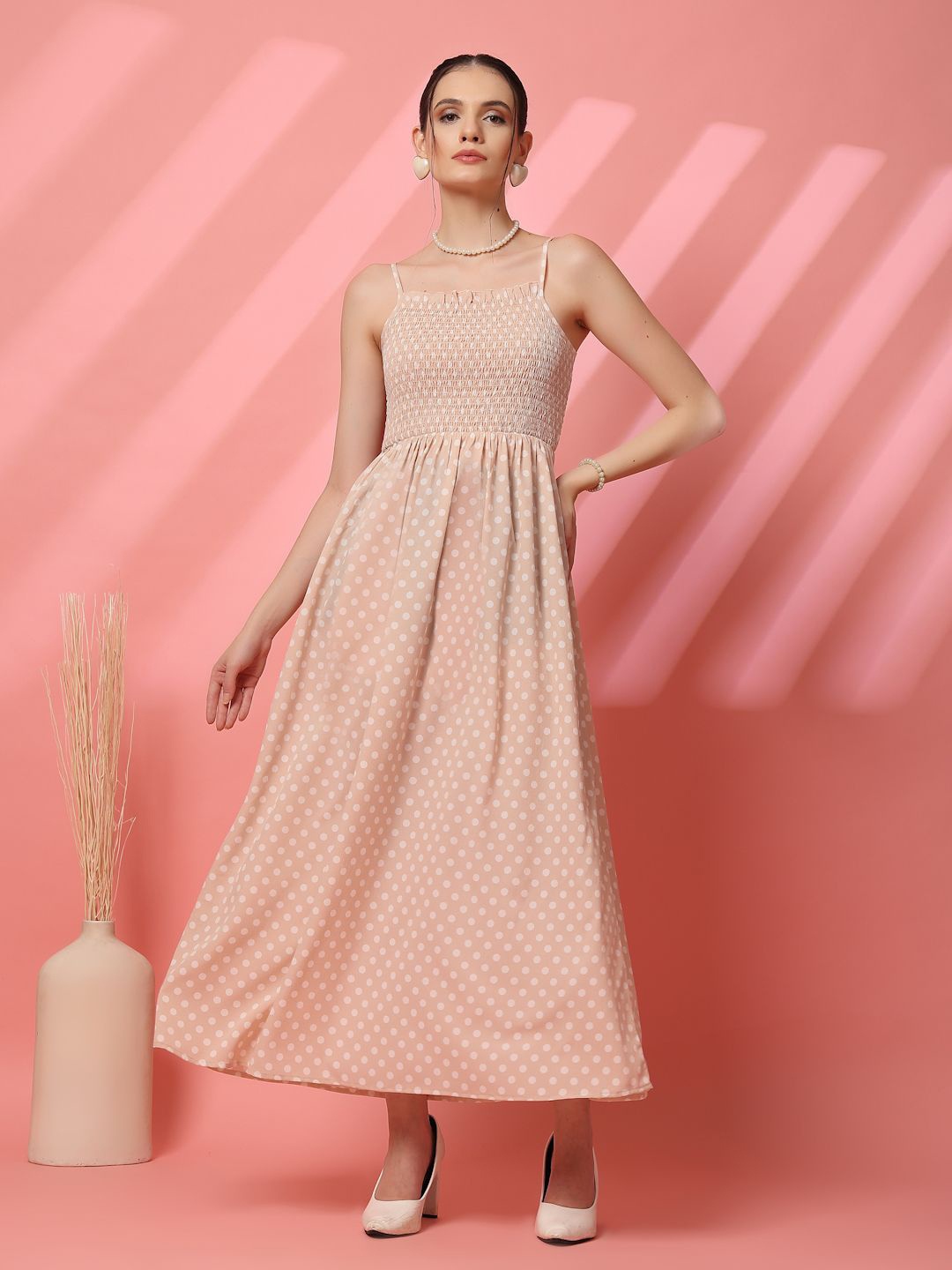 

STYLECAST X KASSUALLY Polka Dot Print Smocked Crepe Maxi Dress, Peach