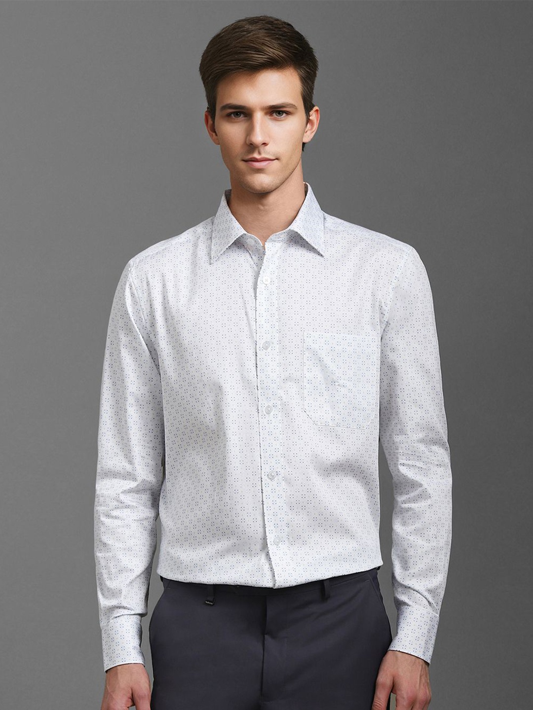 

Louis Philippe Men Classic Spread Collar Micro Disty Printed Cotton Formal Shirt, White