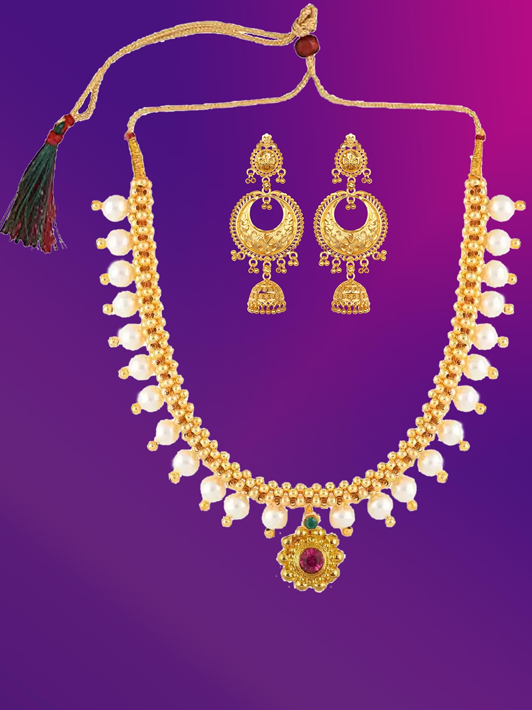 

Lila Gold-Plated Stone-Studded & Beaded Jewellery Set