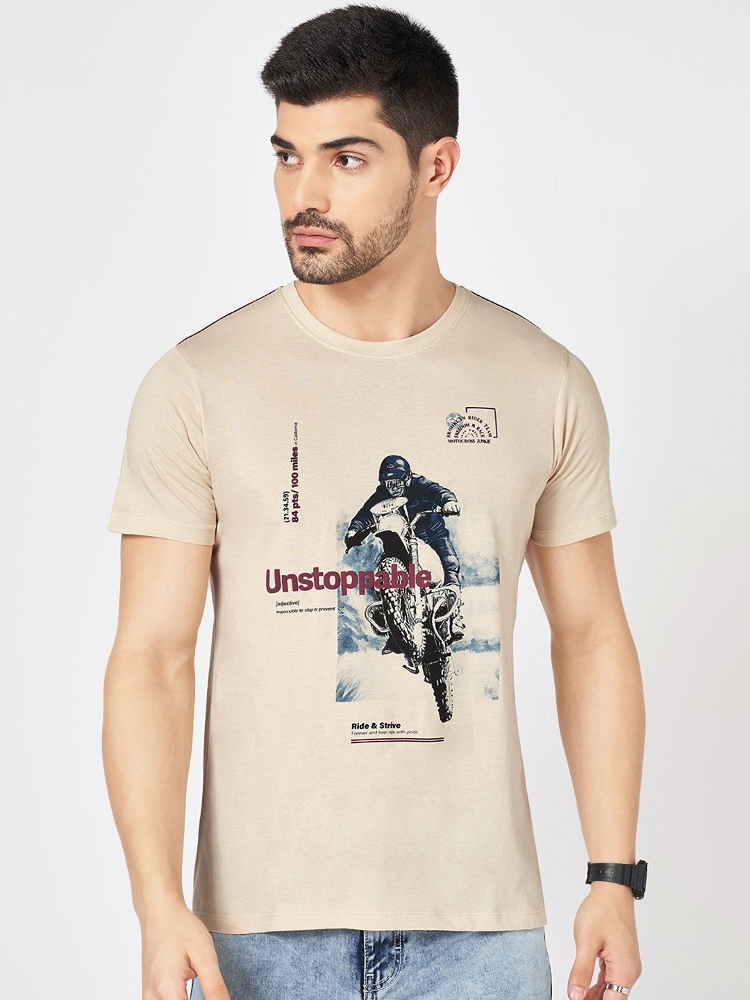 

SF JEANS by Pantaloons Men Graphic Printed Round Neck Cotton Slim Fit T-shirt, Beige