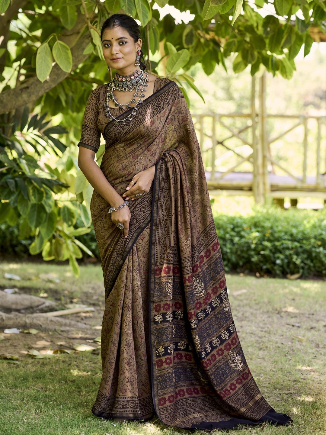 

CHUDIYA Ajrak Block Block Print Saree, Brown