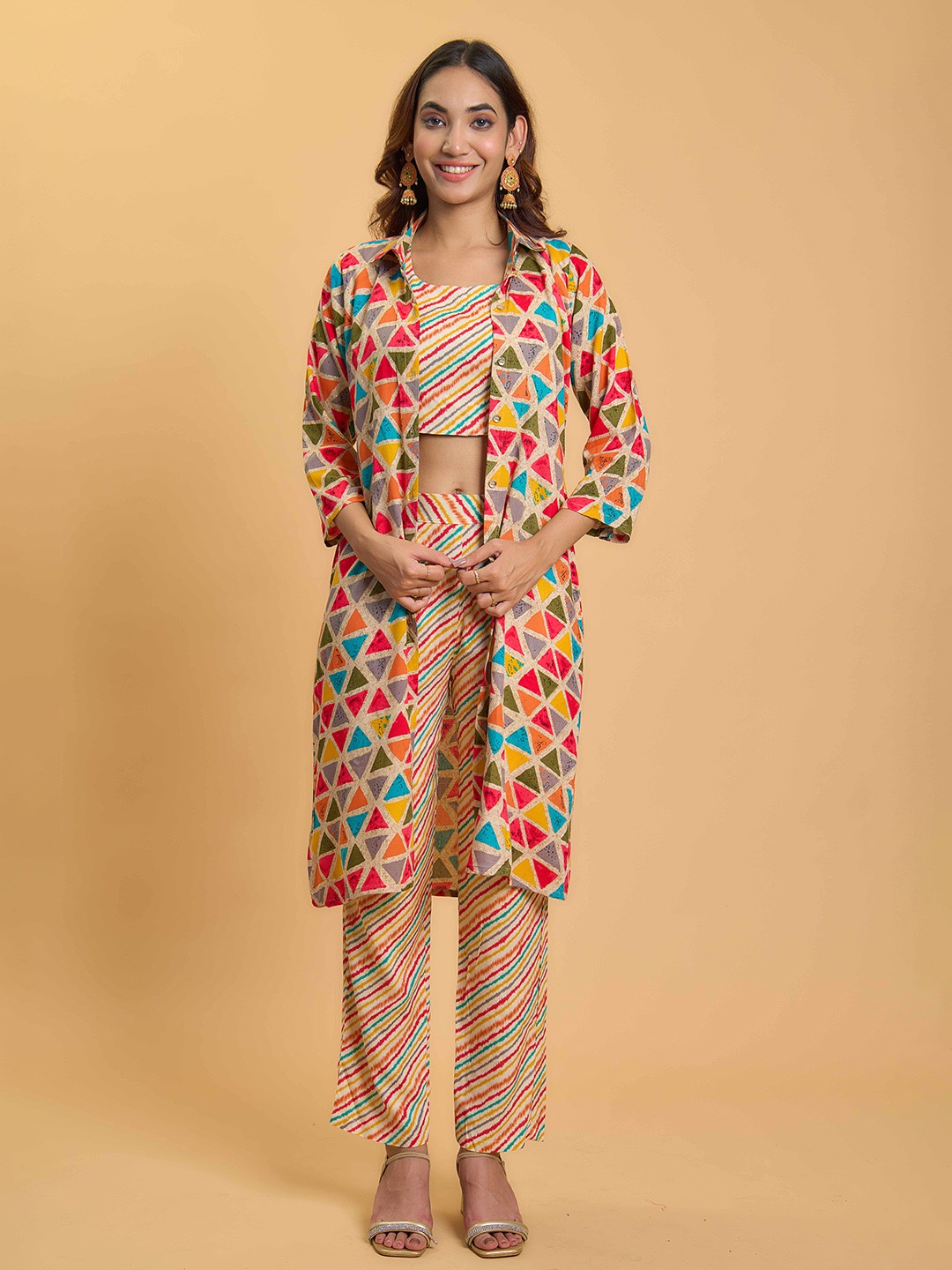 

KALINI Striped Shirt Collar Crop Top Trouser With Shrug, Orange