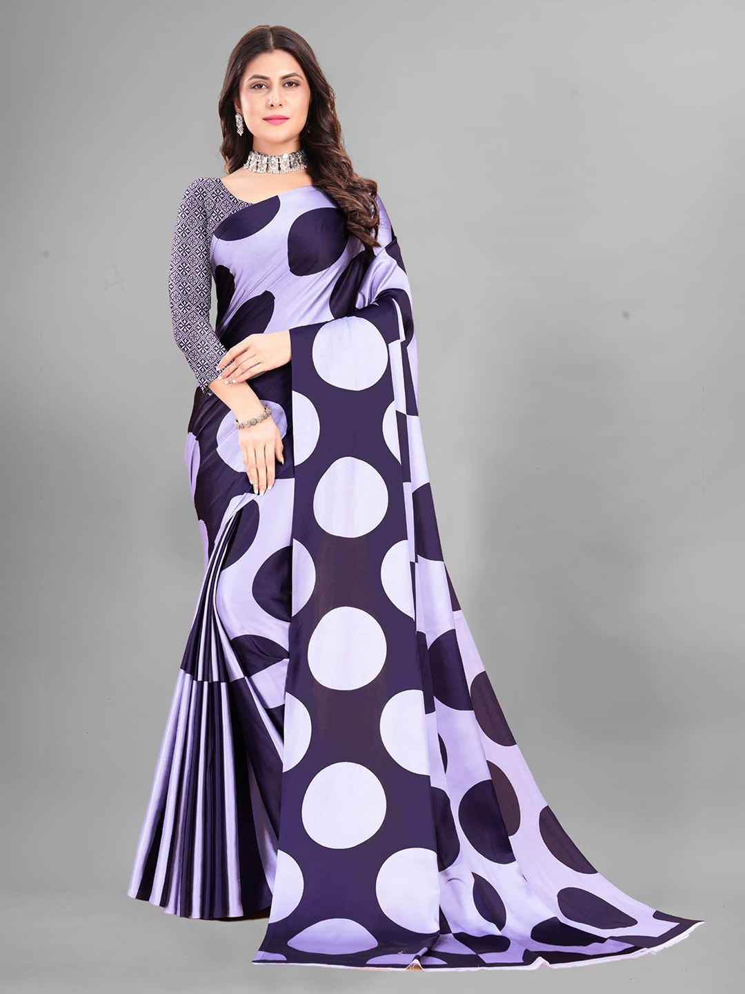 

V3 FASHION STUDIO Polka Dot Printed Satin Saree With Blouse Piece, Purple