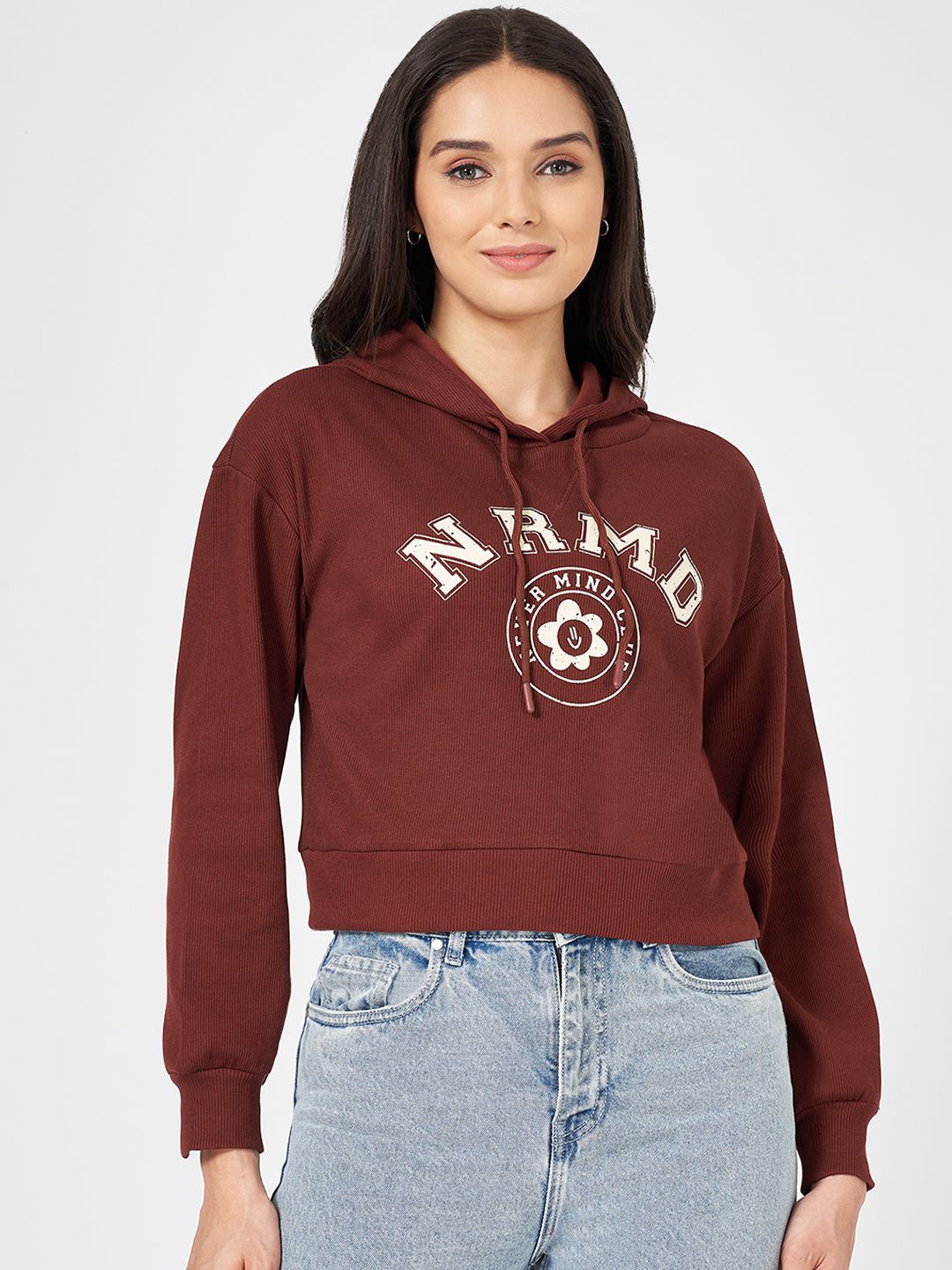 

People Women Printed Hooded Pullover Sweatshirt, Brown