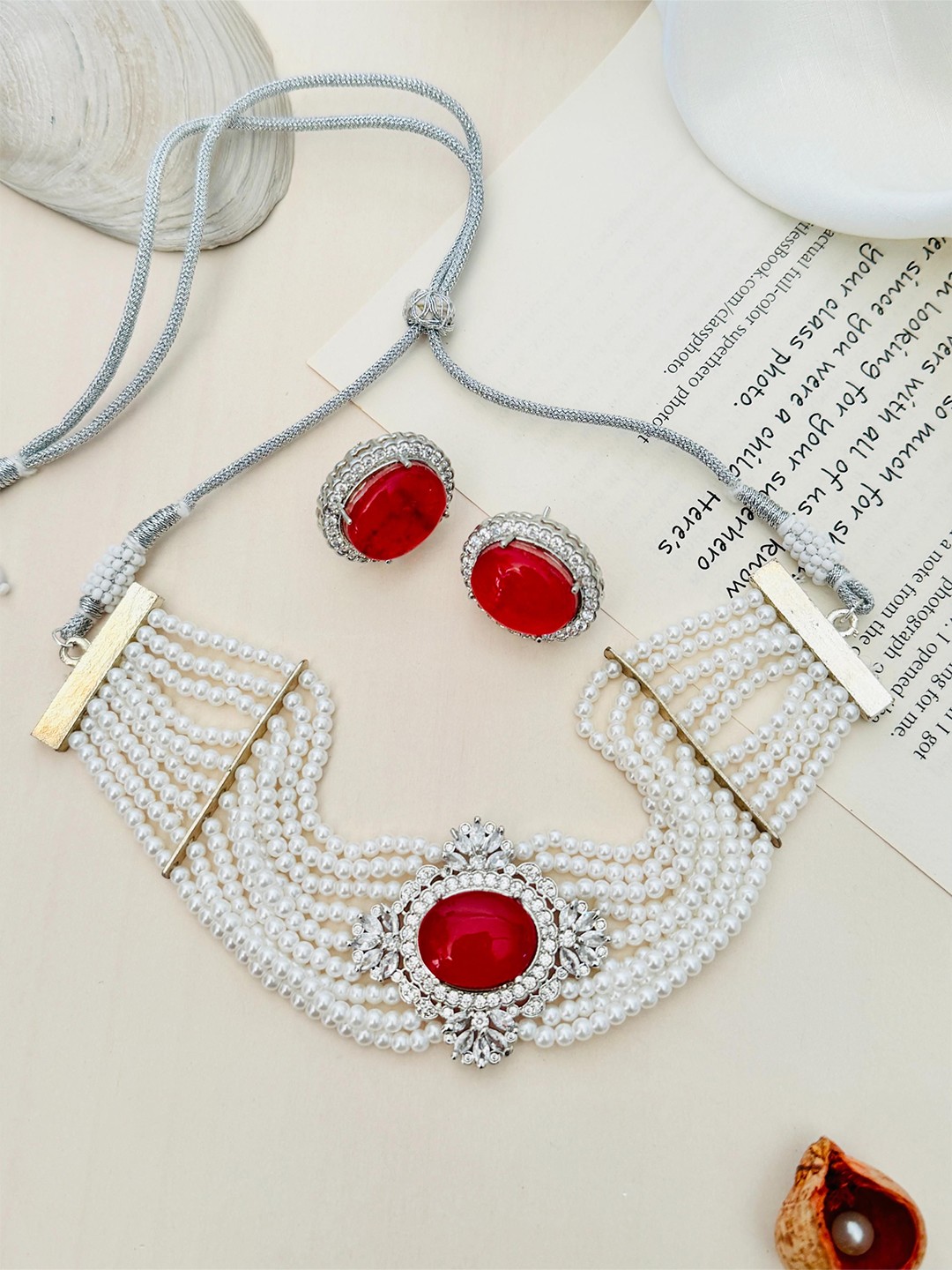 

ABDESIGNS Silver-Plated Polki American Diamond-Studded Jewellery Set