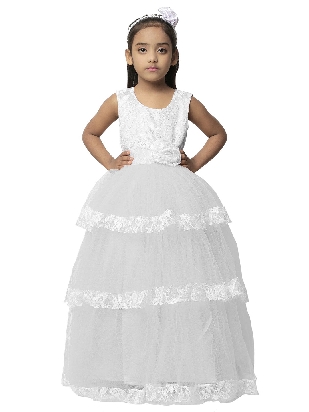 

Wish little Girls Self Design Fit and Flare Maxi Dress, White