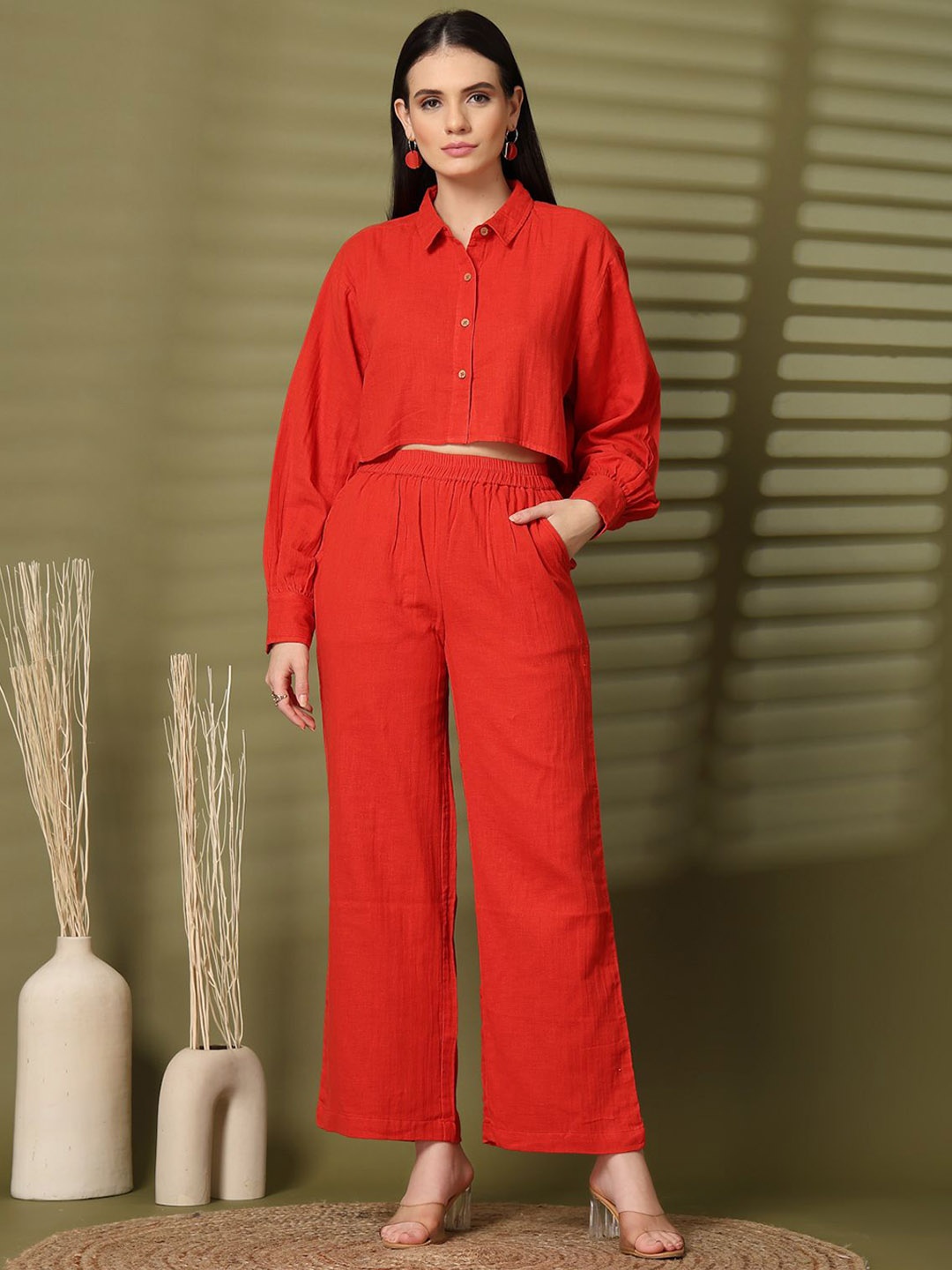 

plusS Pure Cotton Long Sleeves Crop Shirt With Trouser, Red