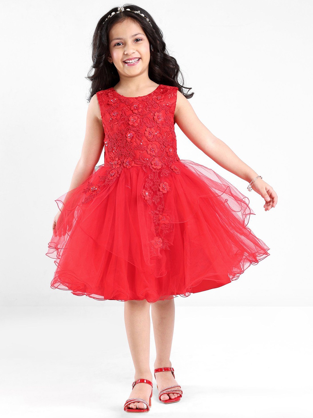 

Mark & Mia Girls Round Neck Embellished Fit and Flare Dress, Red