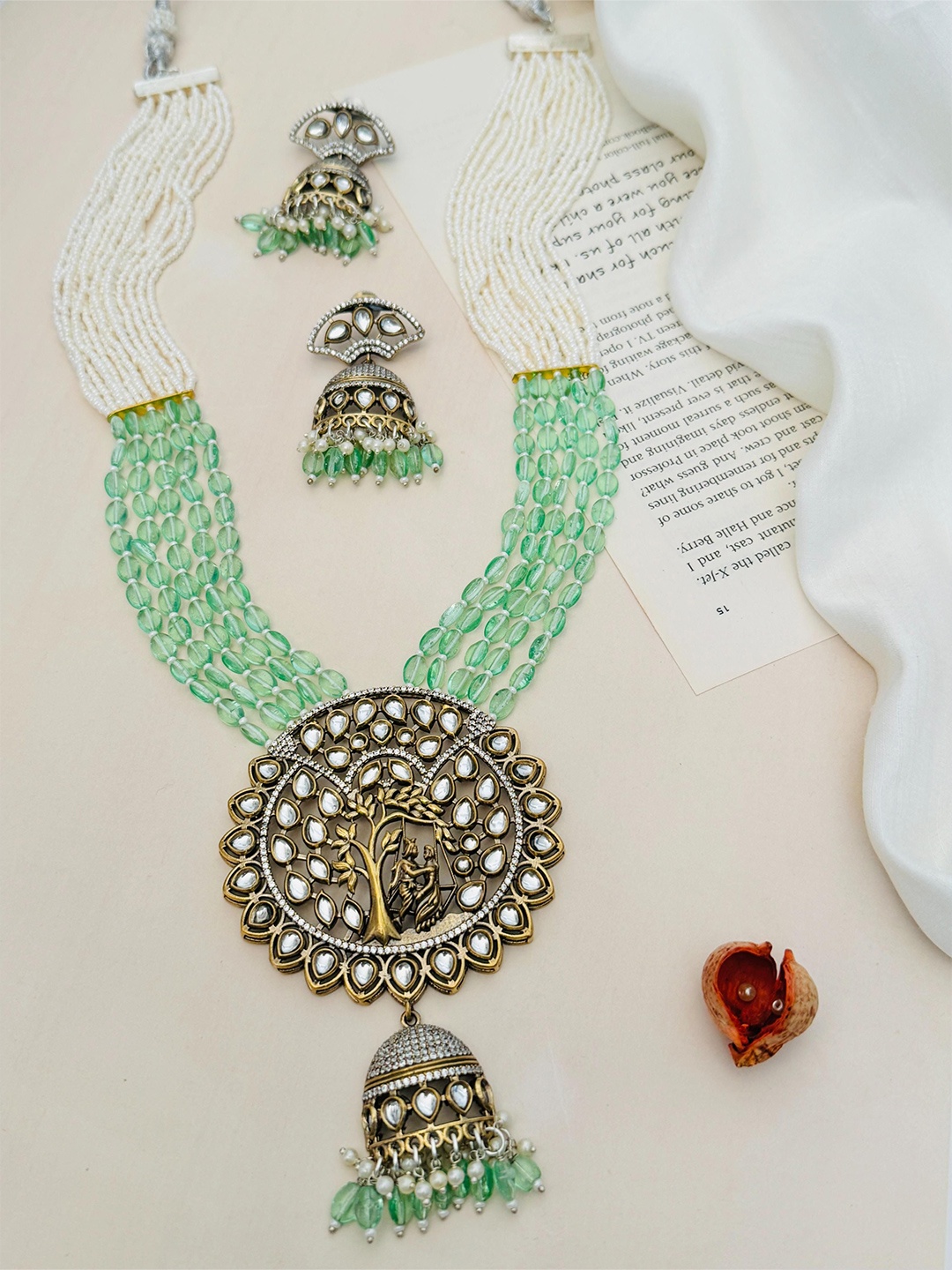 

ABDESIGNS Silver-Plated Polki American Diamond-Studded Jewellery Set