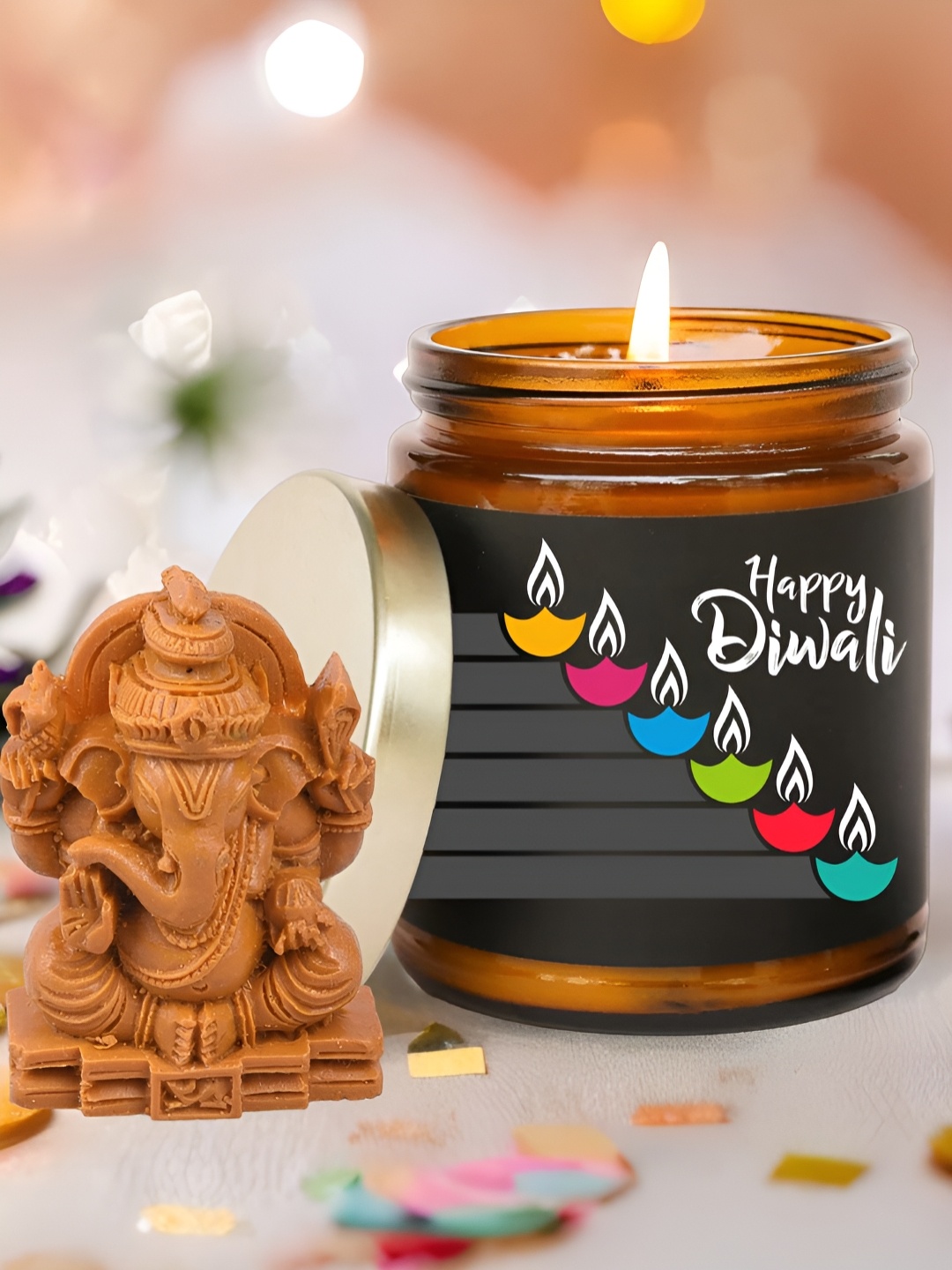 

Aromatic Fables White & Brown Lemongrass Bliss Glass Jar Candle with Ganesha Idol
