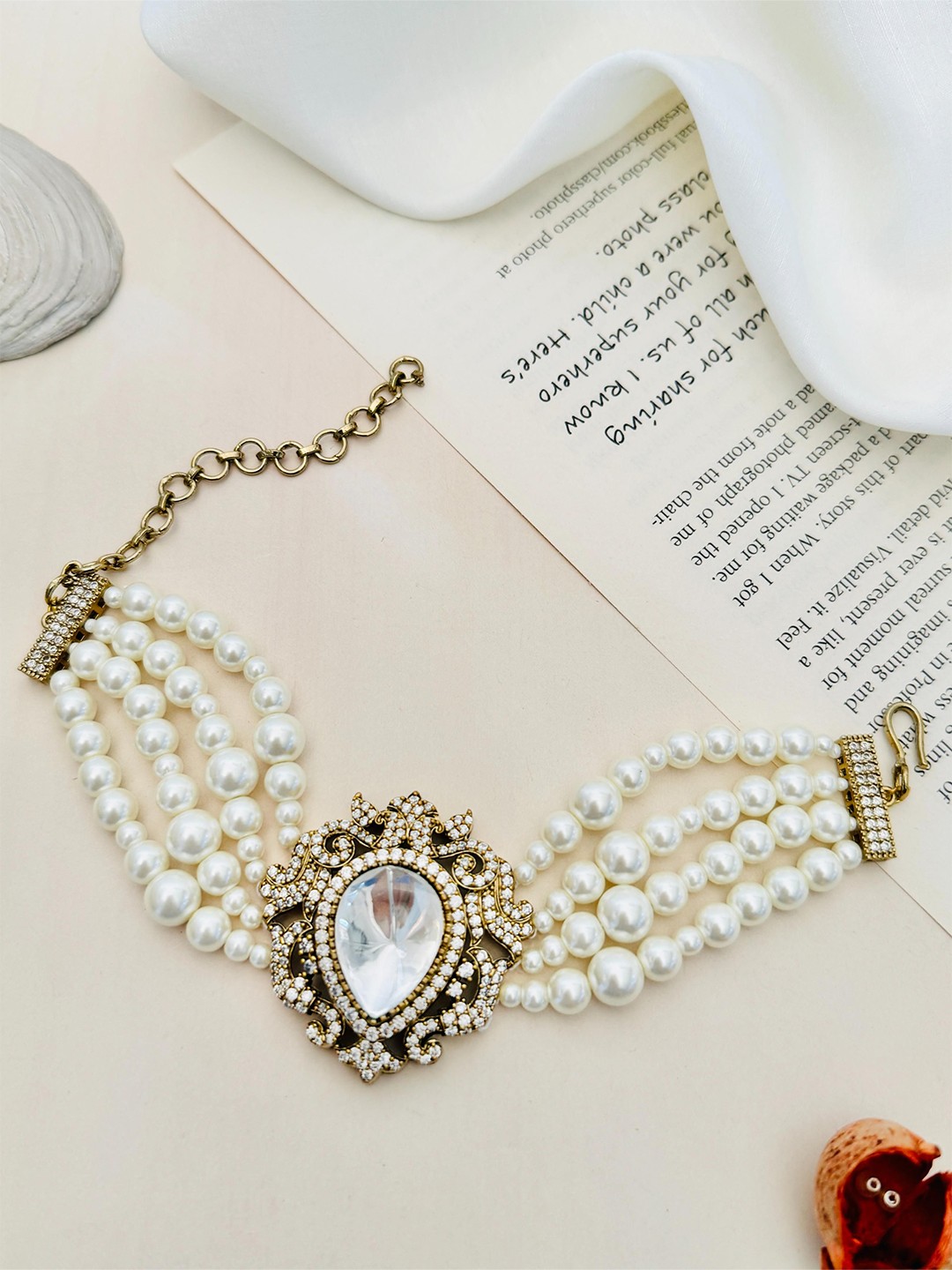 

ABDESIGNS Gold Plated Polki & American Diamond Studded & Beaded Link Bracelet