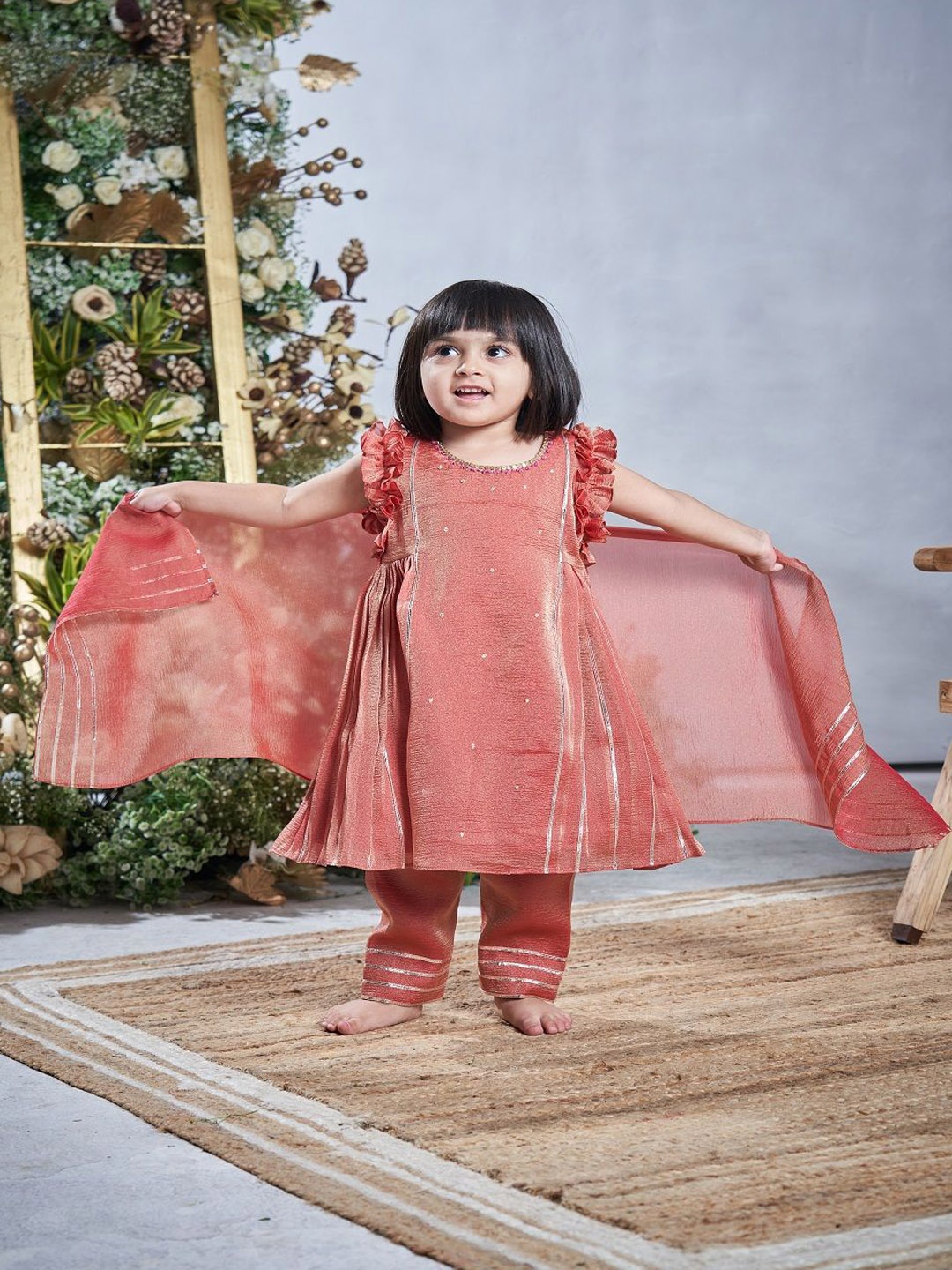 

Vivedkids Girls Ethnic Motifs Embroidered Sequined A-Line Kurta With Trousers & Dupatta, Rust