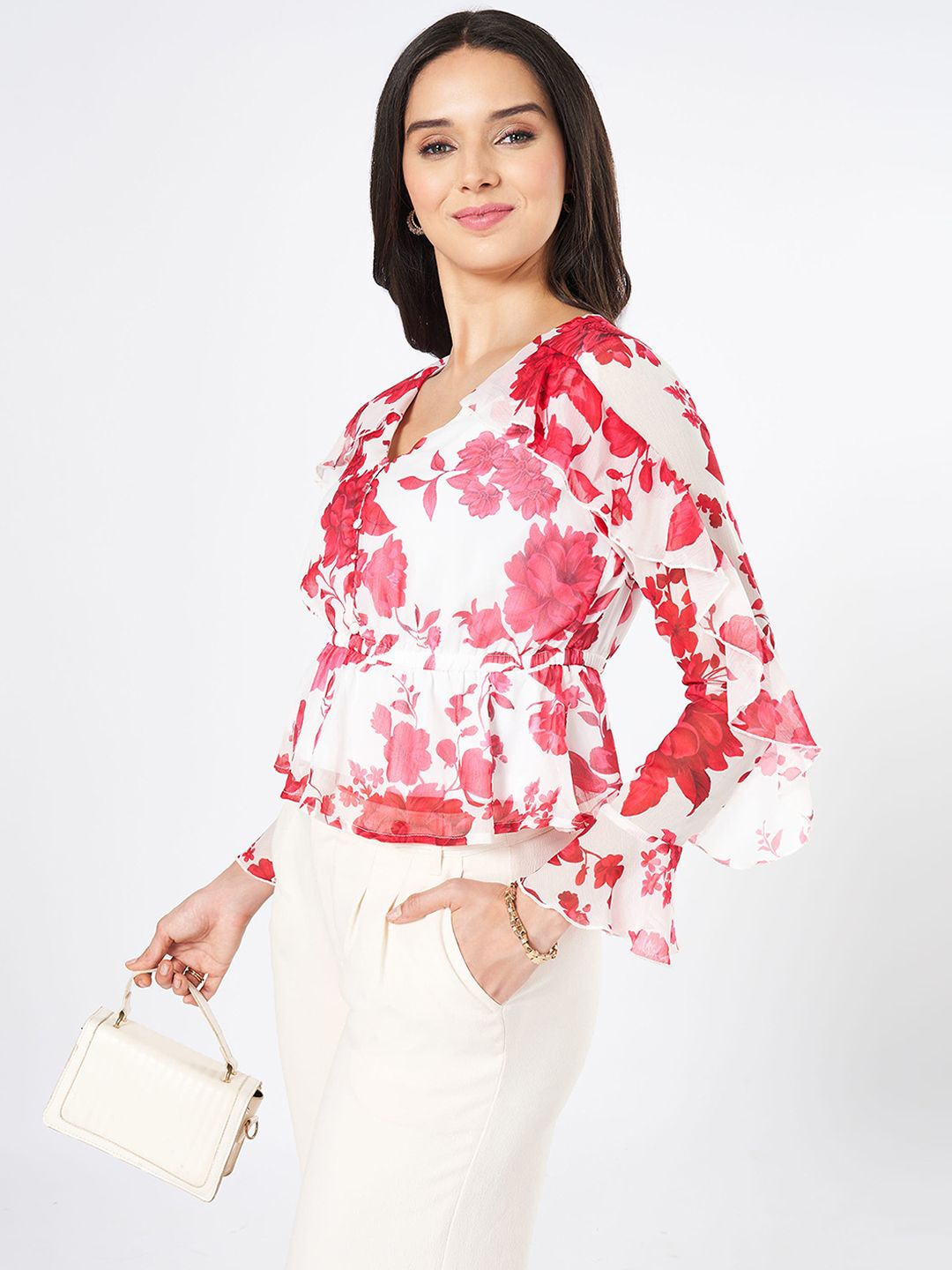 

Honey by Pantaloons Women Floral Printed Bell Sleeve Peplum Top, Off white