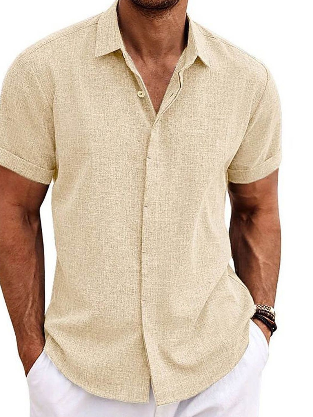 

StyleCast Men Spread Collar Solid Cotton Casual Shirt, Beige