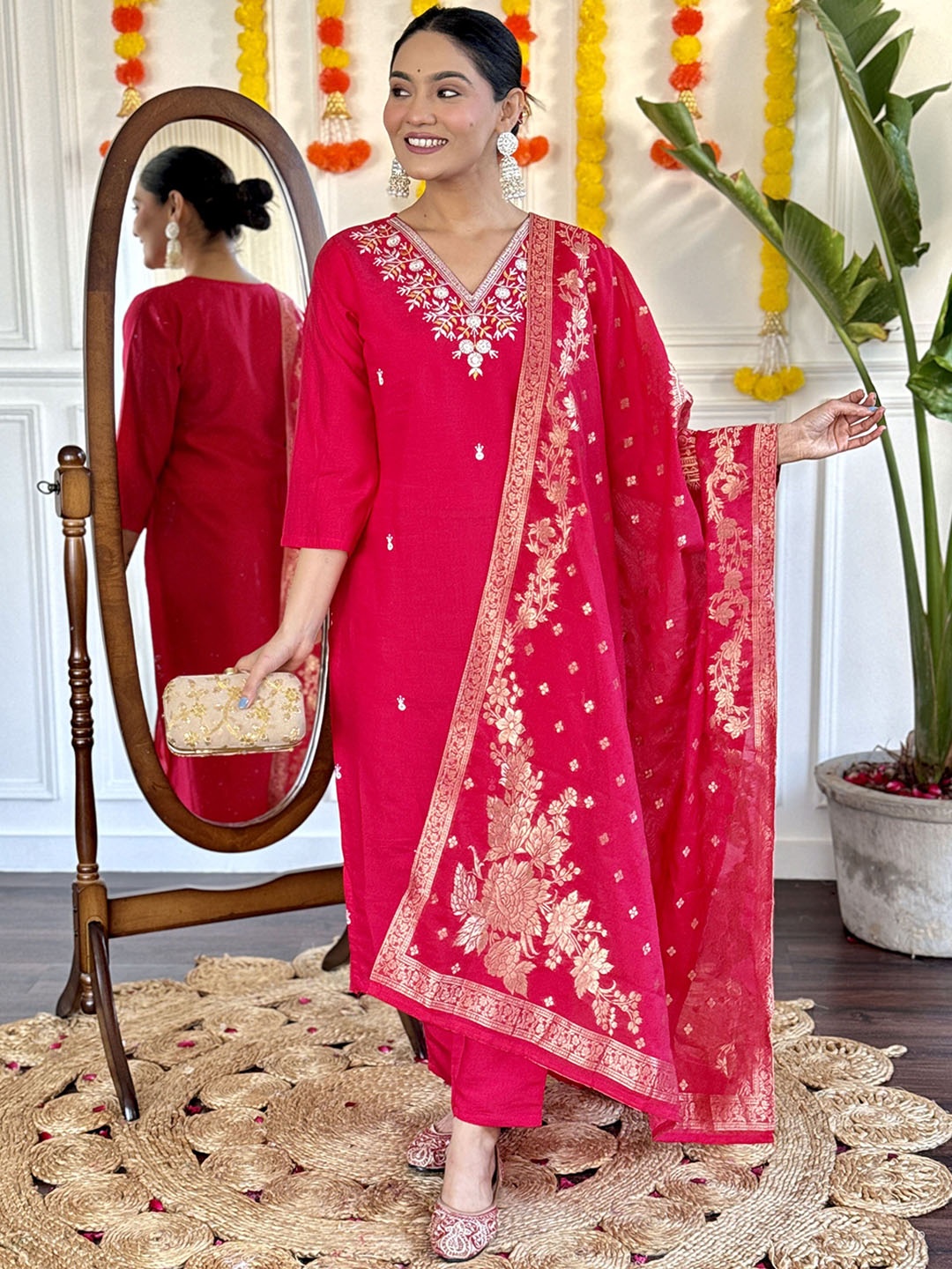 

KALINI Floral Embroidered Thread Work Straight Kurta with Trouser & Dupatta, Red