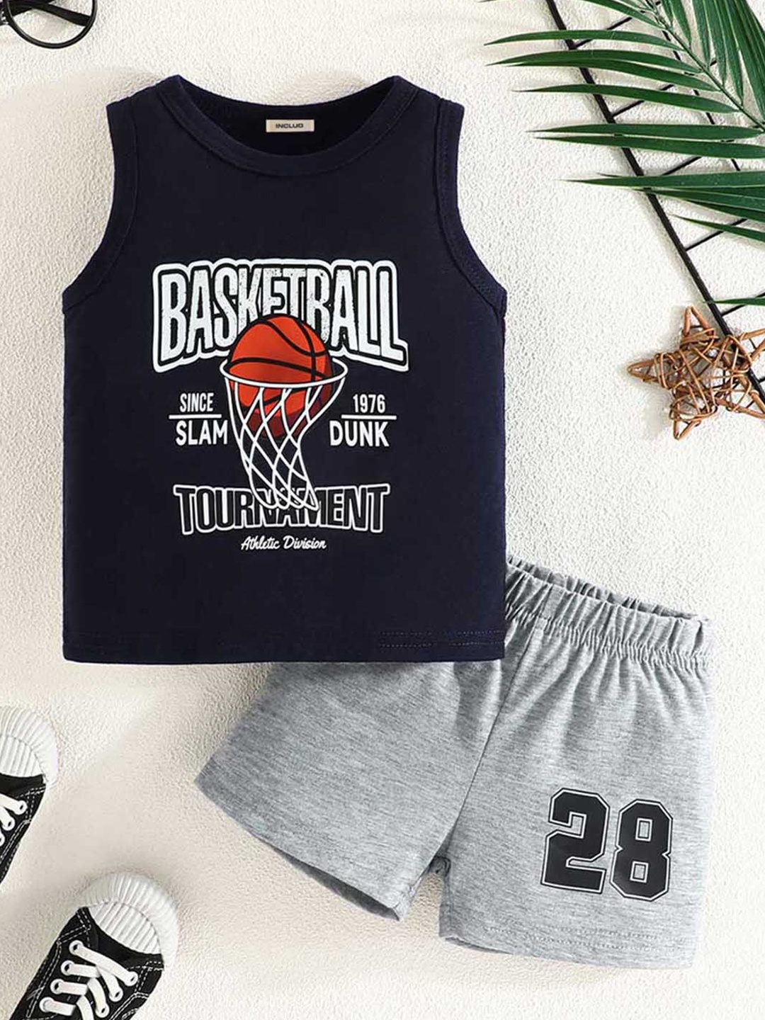 

INCLUD Boys Printed Round Neck Sleeveless T-Shirt With Shorts, Black
