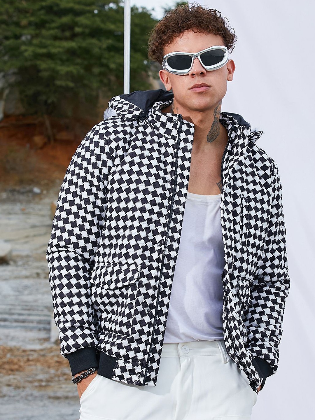 

Campus Sutra Men Hooded Abstract Printed Casual Biker Jacket, White