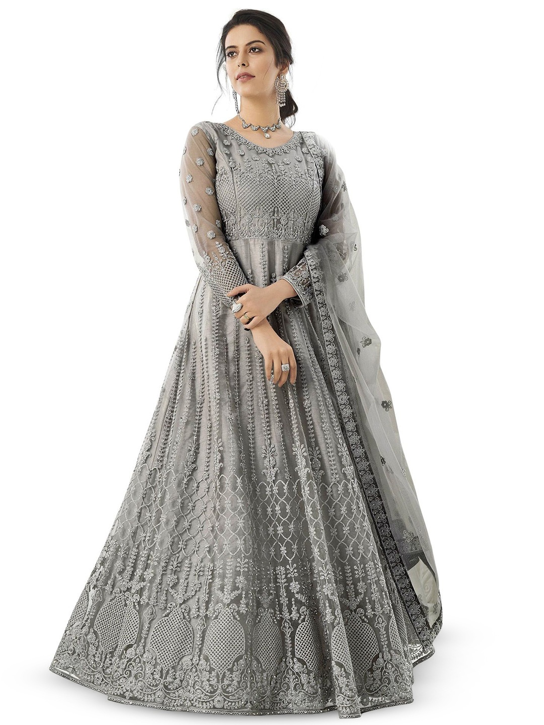 

LADY SHOPI Women Embroidered Net Fit & Flare Maxi Dress, Grey