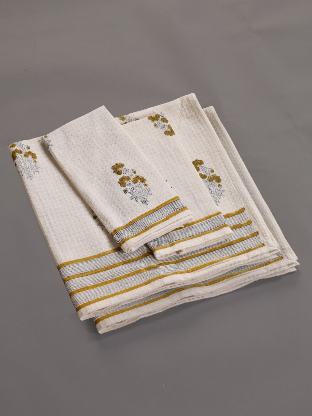 

Peepul Tree 4Pc Off White & Mustard Floral Block Printed Cotton Hand&Bath Waffle Towels