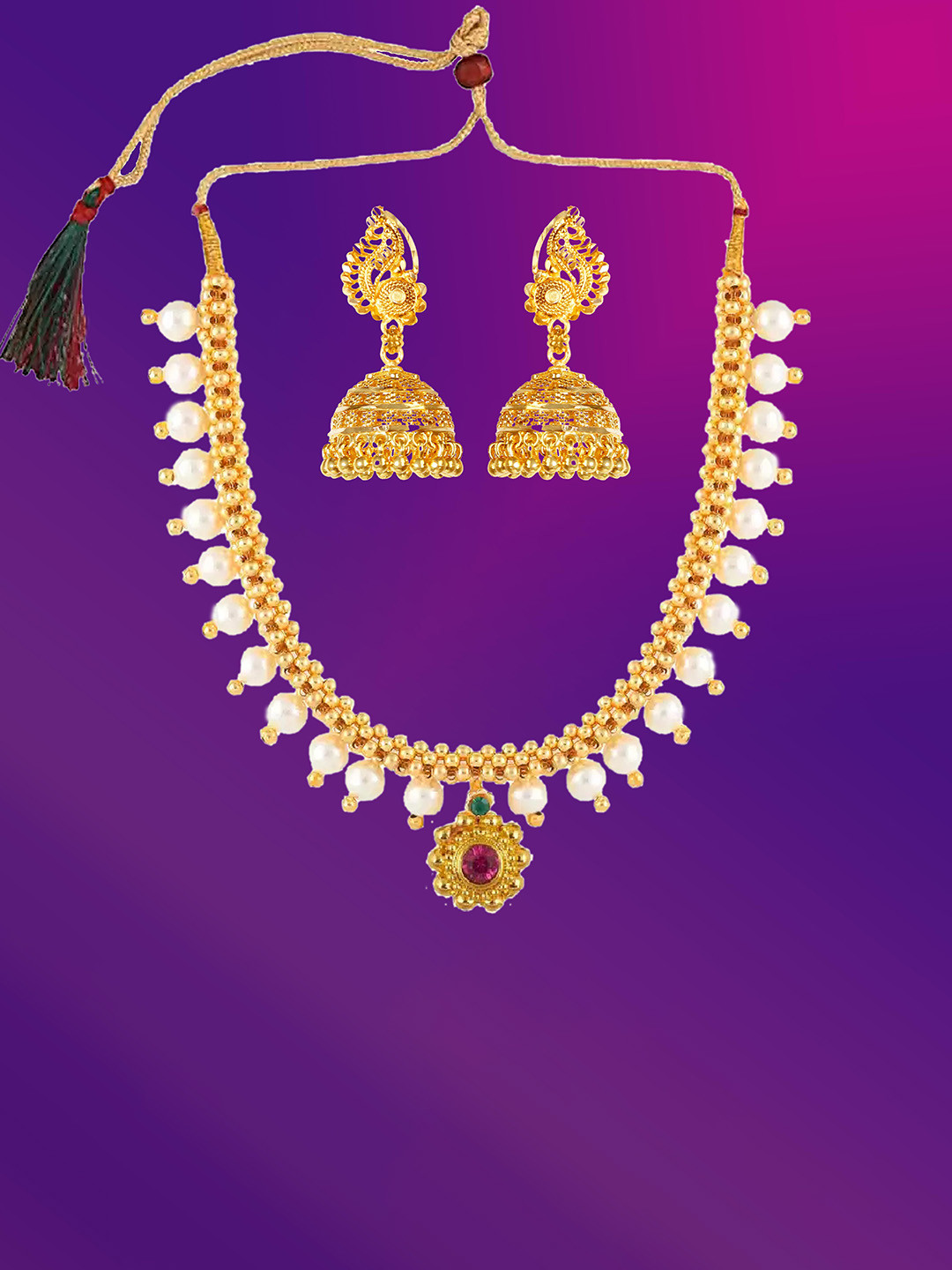 

Lila Gold-Plated Kundan-Studded & Beaded Jewellery Set