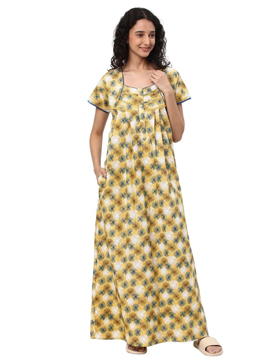 

KOVIRA Printed Pure Cotton Maxi Nightdress, Yellow