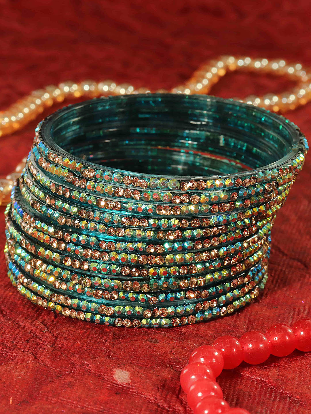 

LAVAZZA Set Of 12 Zircon Diamond Stone Studded & Beads Bangle, Sea green
