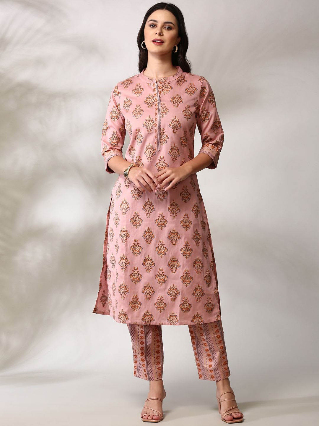 

Anouk Pink Ethnic Motifs Printed Mandarin Collar Pure Cotton Straight Kurta with Trousers
