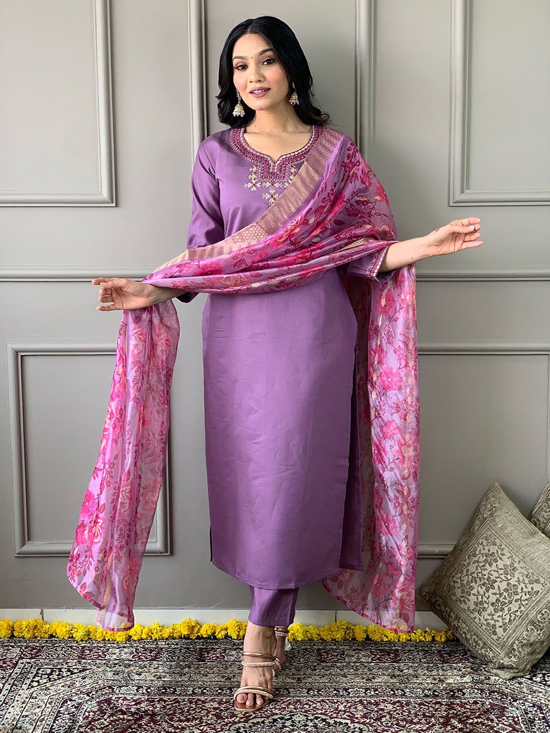 

ODETTE Floral Embroidered Sequinned Straight Kurta With Pyjama & Dupatta, Purple