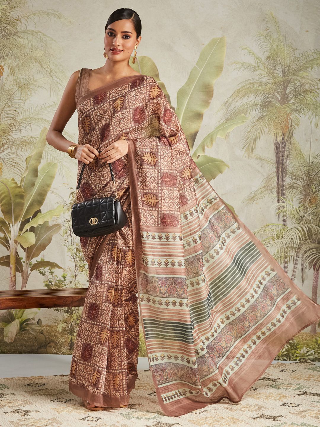 

RACHNA Batik Printed Ready to Wear Chanderi Saree, Brown