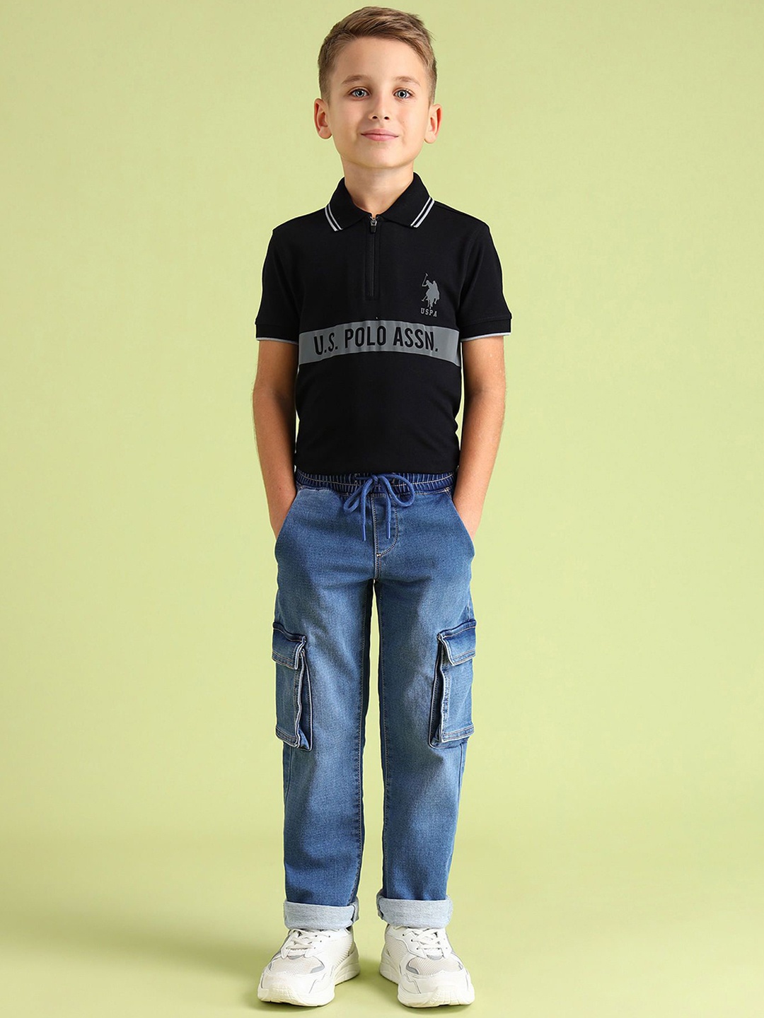 

U.S. Polo Assn. Kids Boys Cotton Classic Heavy Fade Stretchable Cargo Jeans, Blue
