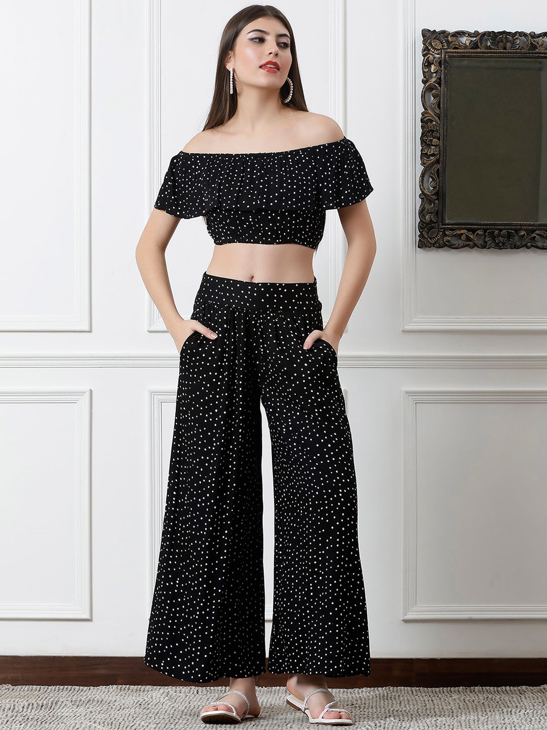 

DEBONATELLA Polka Dot Printed Off Shoulder Neck Top With Palazzo, Black