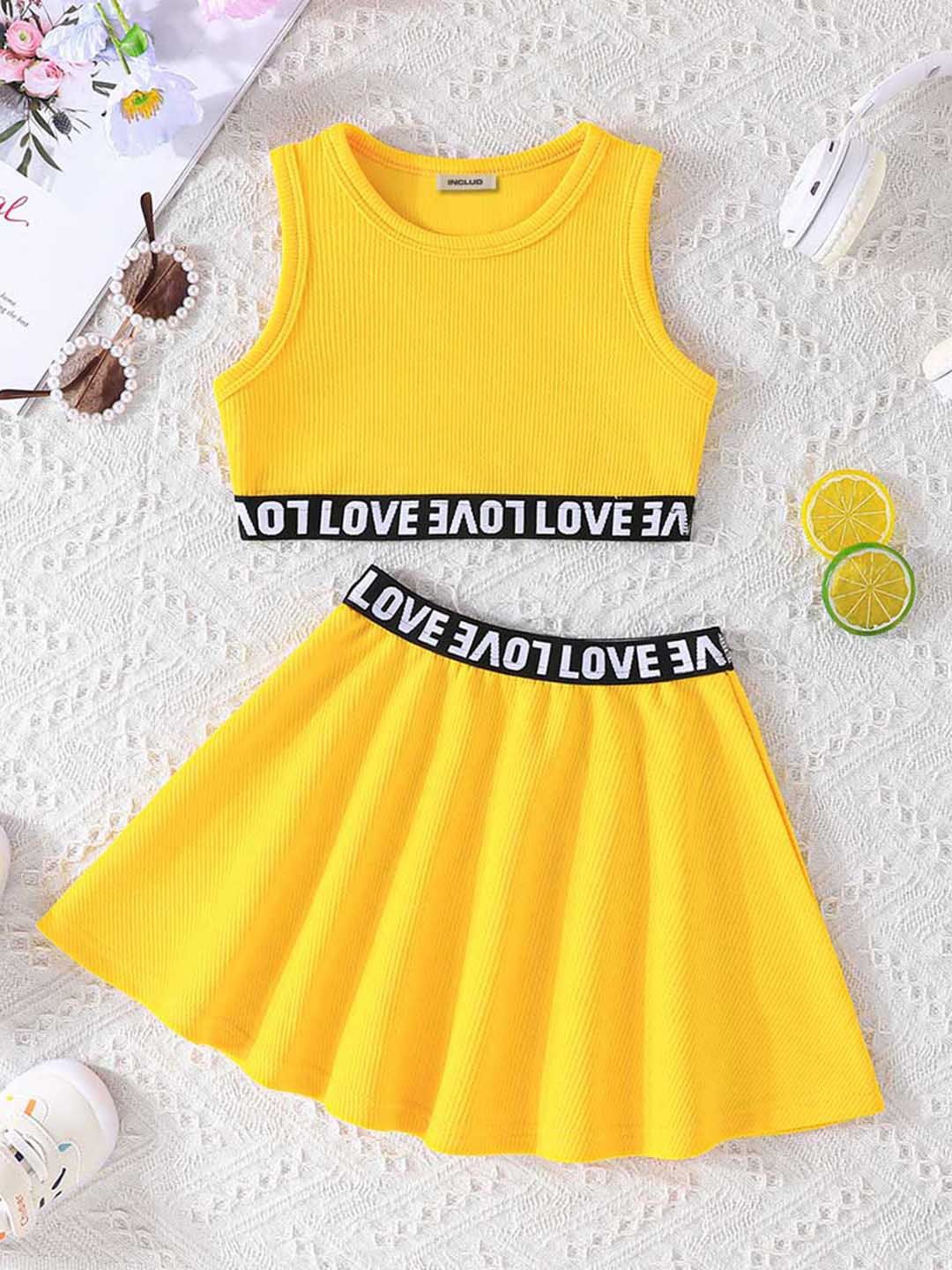 

INCLUD Girls Self Design Round Neck Sleeveless Top With Skirt, Yellow