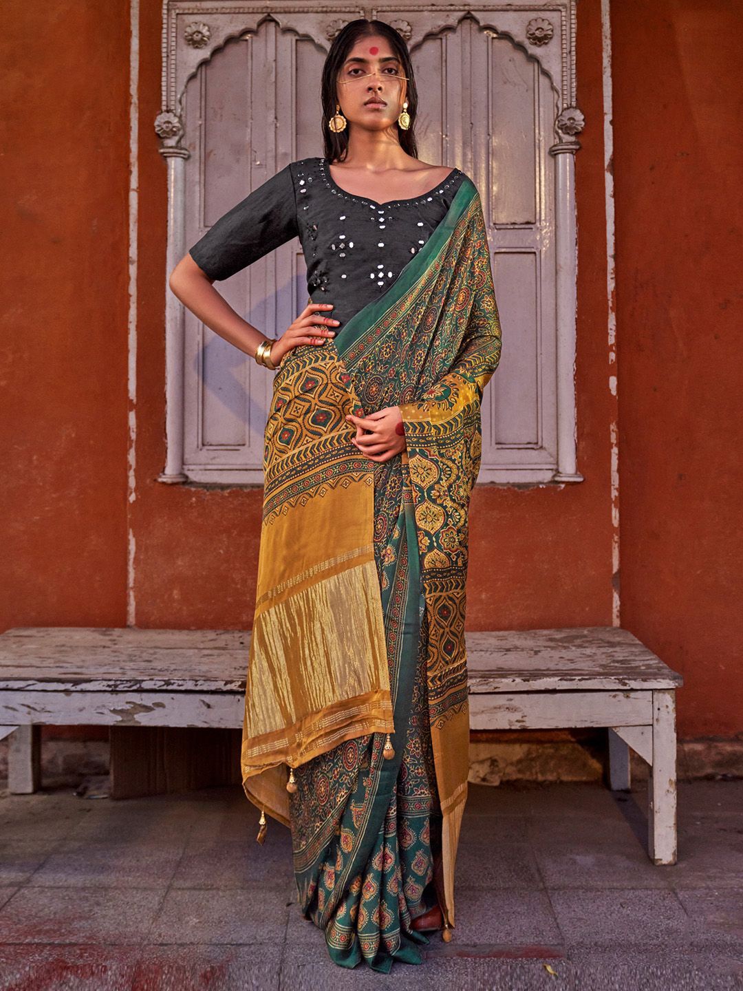 

Saree mall Ajrak Block Block Print Sarees, Green
