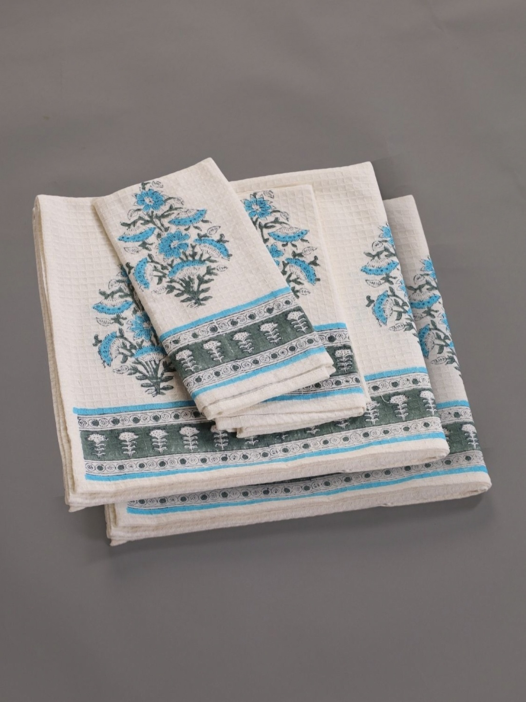 

Peepul Tree 4Pc Floral Block Printed Cotton Hand&Bath Waffle Towels, Off white