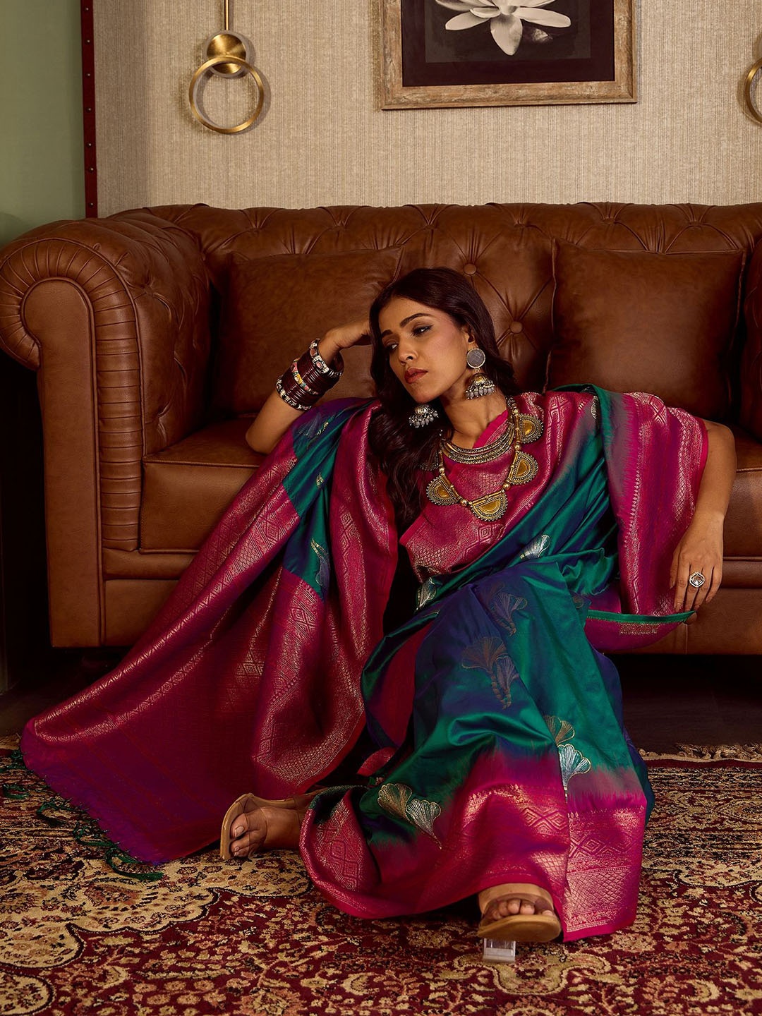 

Sangria women Woven Design Kanjeevaram Saree, Green