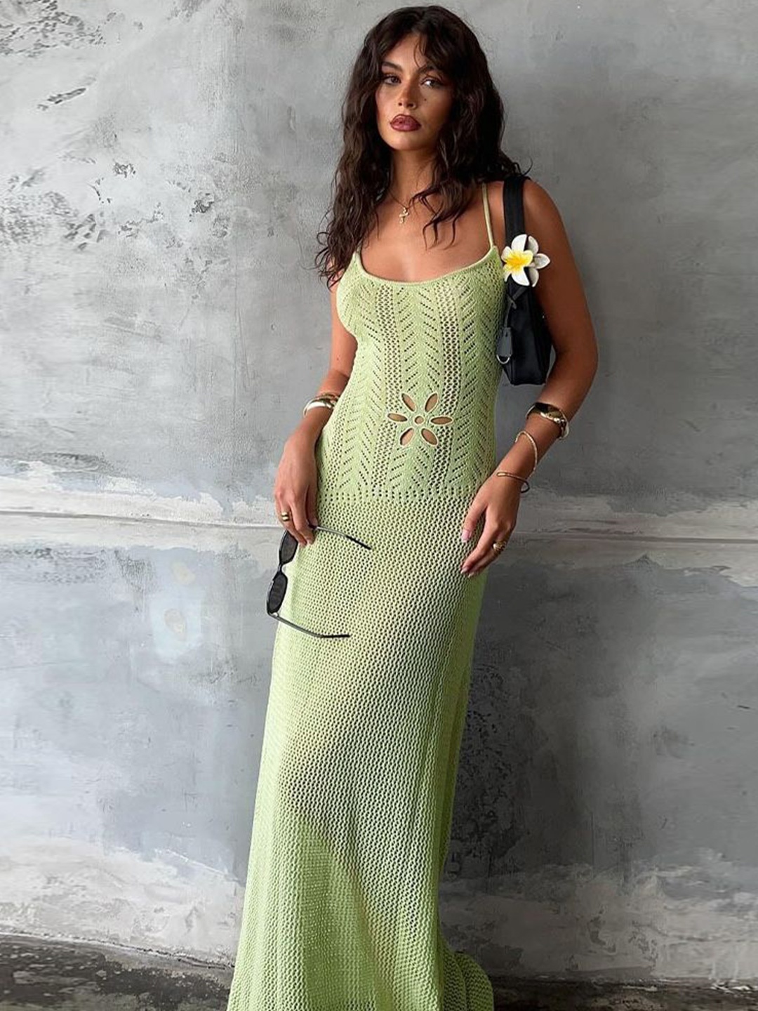 

LULU & SKY Women Self Design Shoulder Straps Maxi Dress, Green