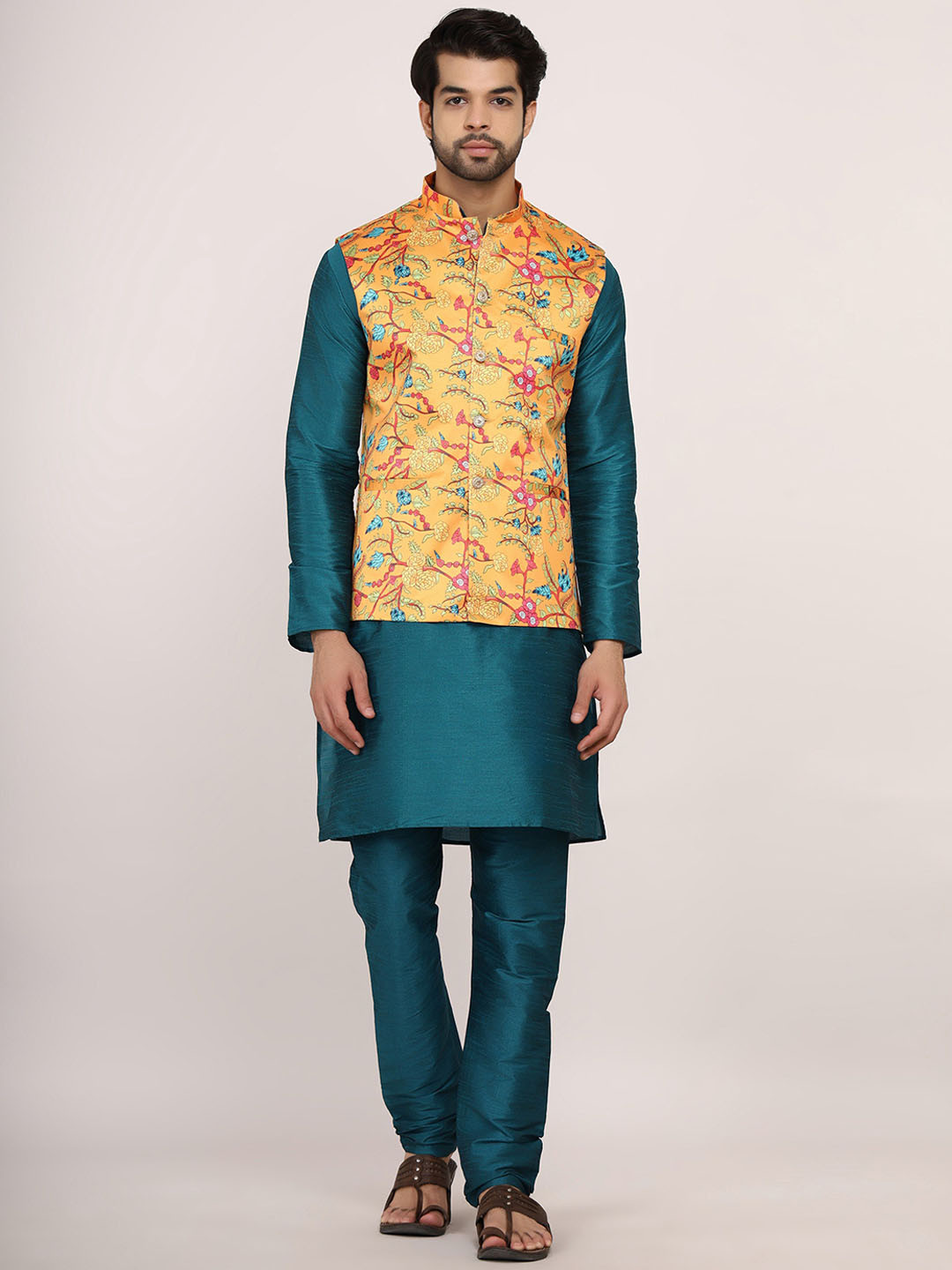 

Sadree Mandarin Collar Long Sleeves Straight Kurta with Churidar & Nehru jacket, Green