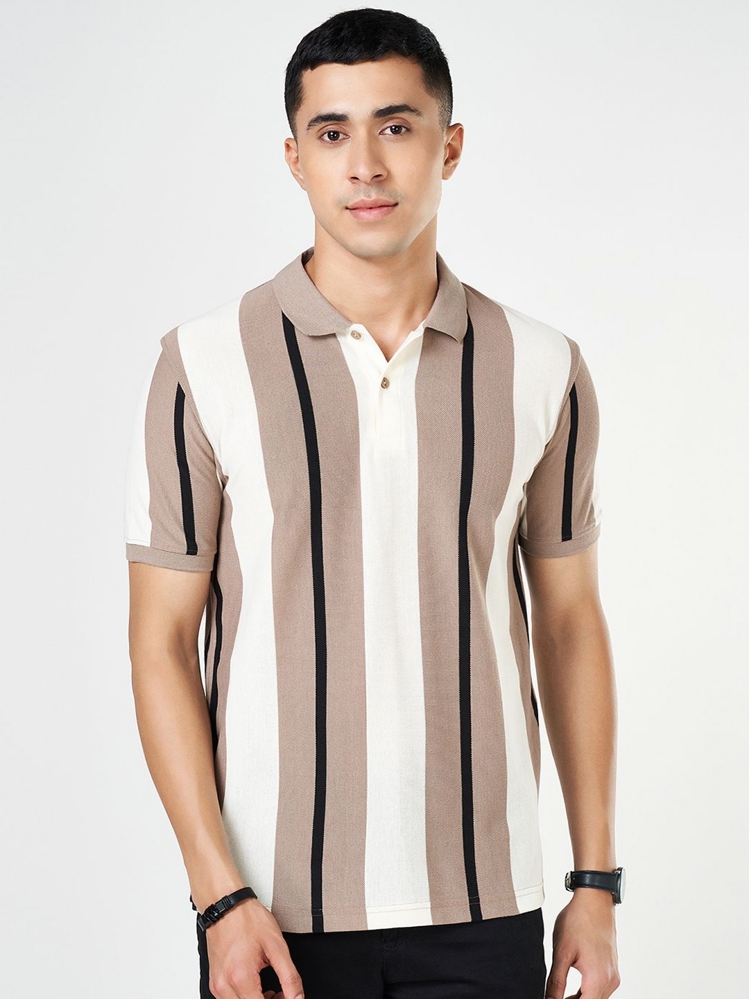 

BYFORD by Pantaloons Men Striped Polo Collar Cotton Slim Fit T-shirt, Beige