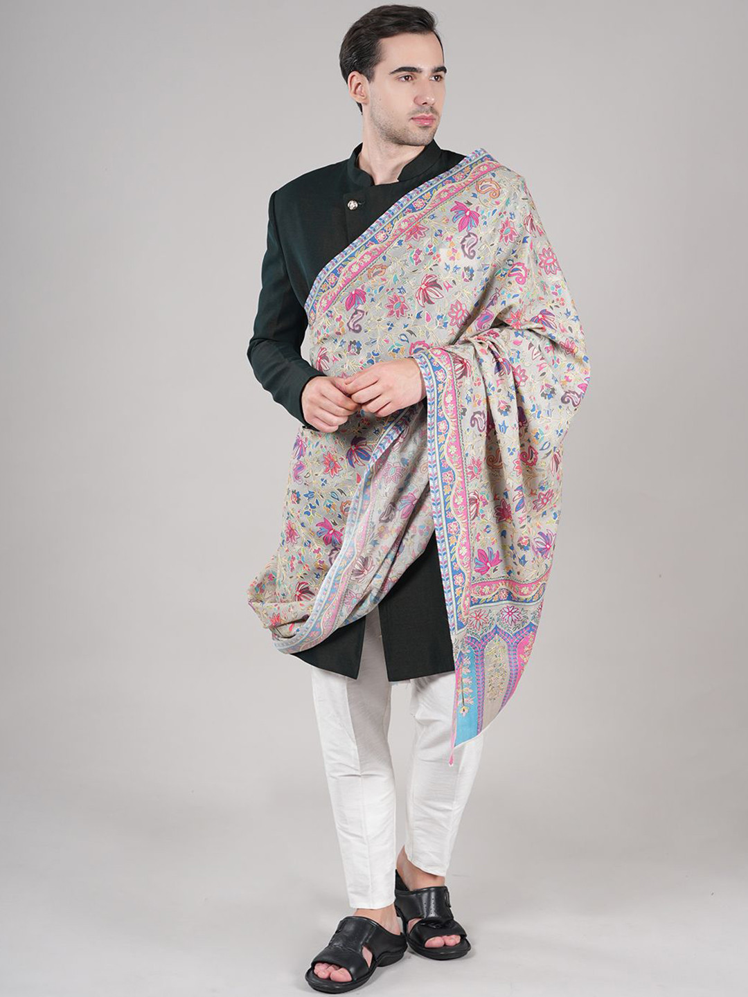 

MUFFLY Men Floral Embroidered Pashmina Wool Shawl, Grey