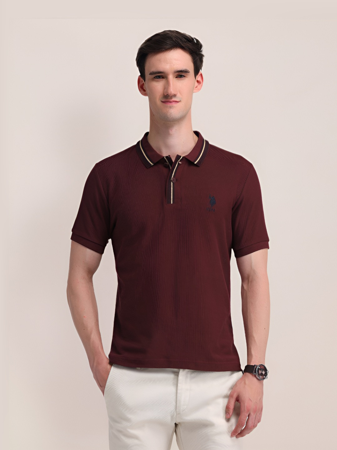 

U.S. Polo Assn. Men Solid Polo Collar Cotton Slim Fit T-shirt, Maroon