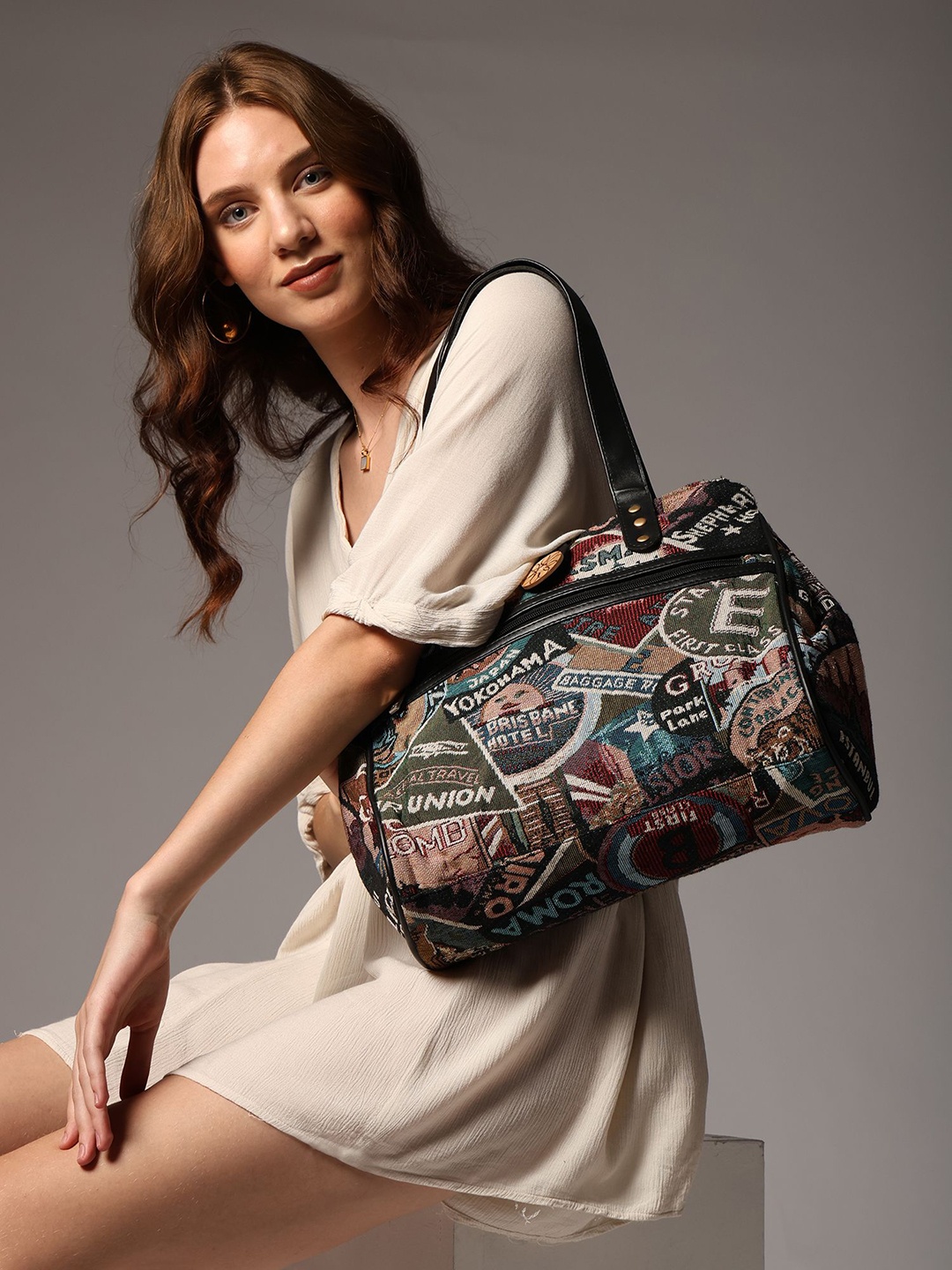 

ENSAC Women Typography Printed Structured Cotton Shoulder Bag, Black